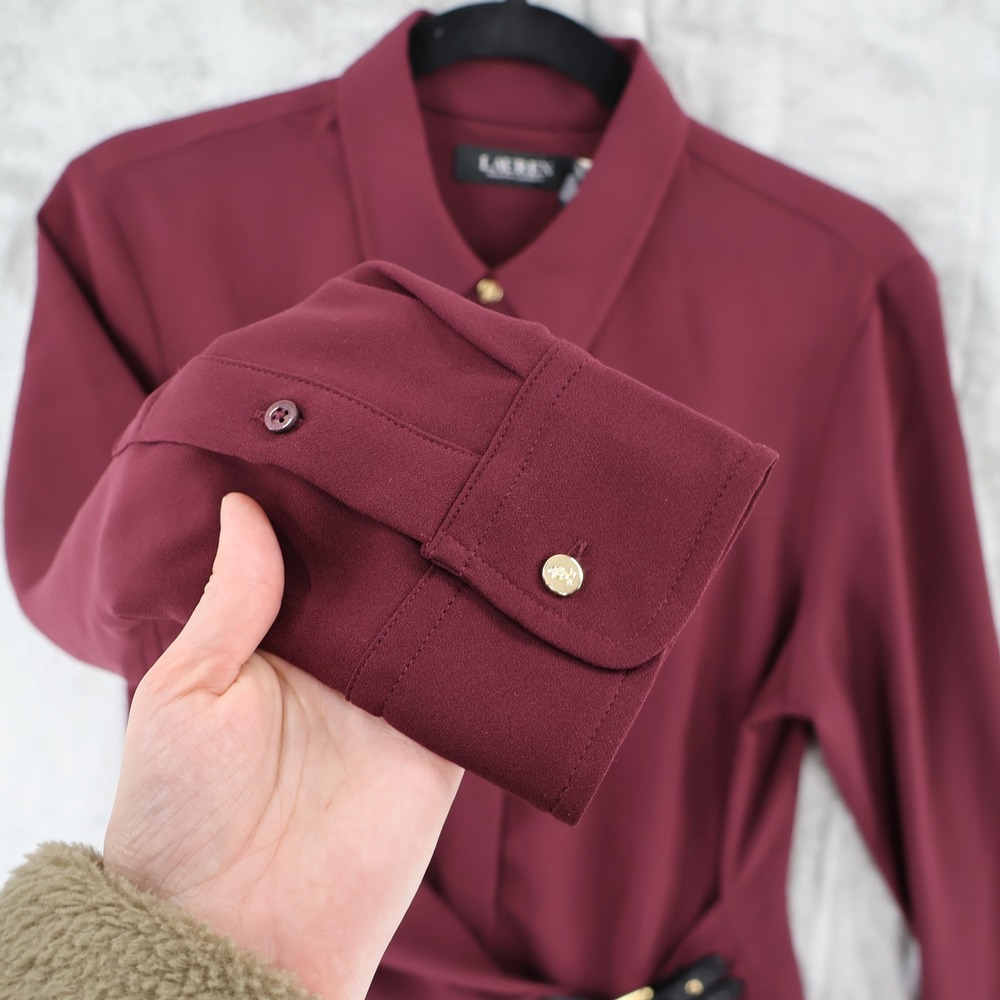 Lauren Ralph Lauren Buckle Trim Top Women 8 Maroon Equestrian Old Money $195 NWT - Picture 10 of 16